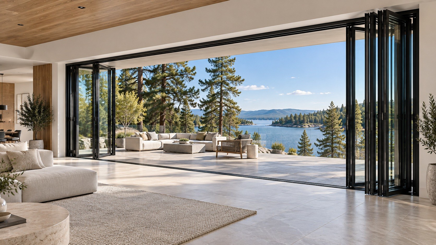 Bright interior opening through a large bi-folding door system