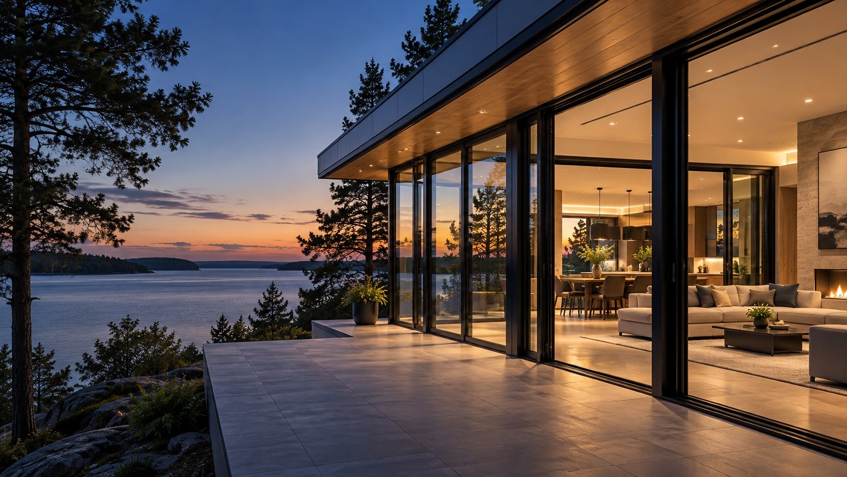 Contemporary residence at dusk with large glazed openings