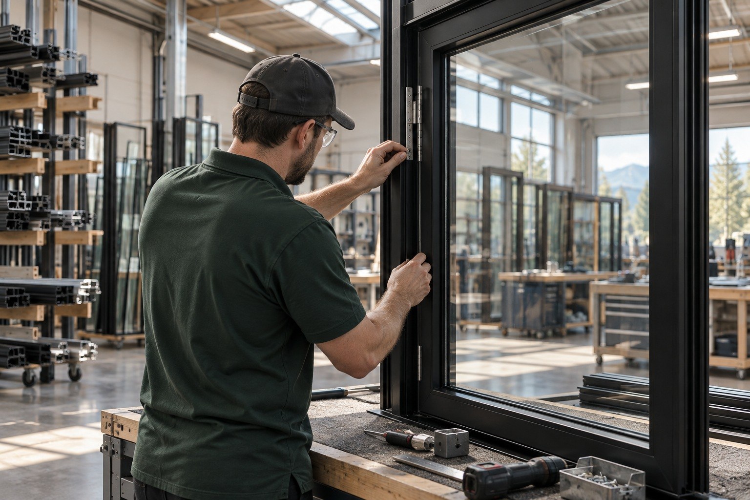 Illustrative manufacturing scene showing a technician assembling a window frame