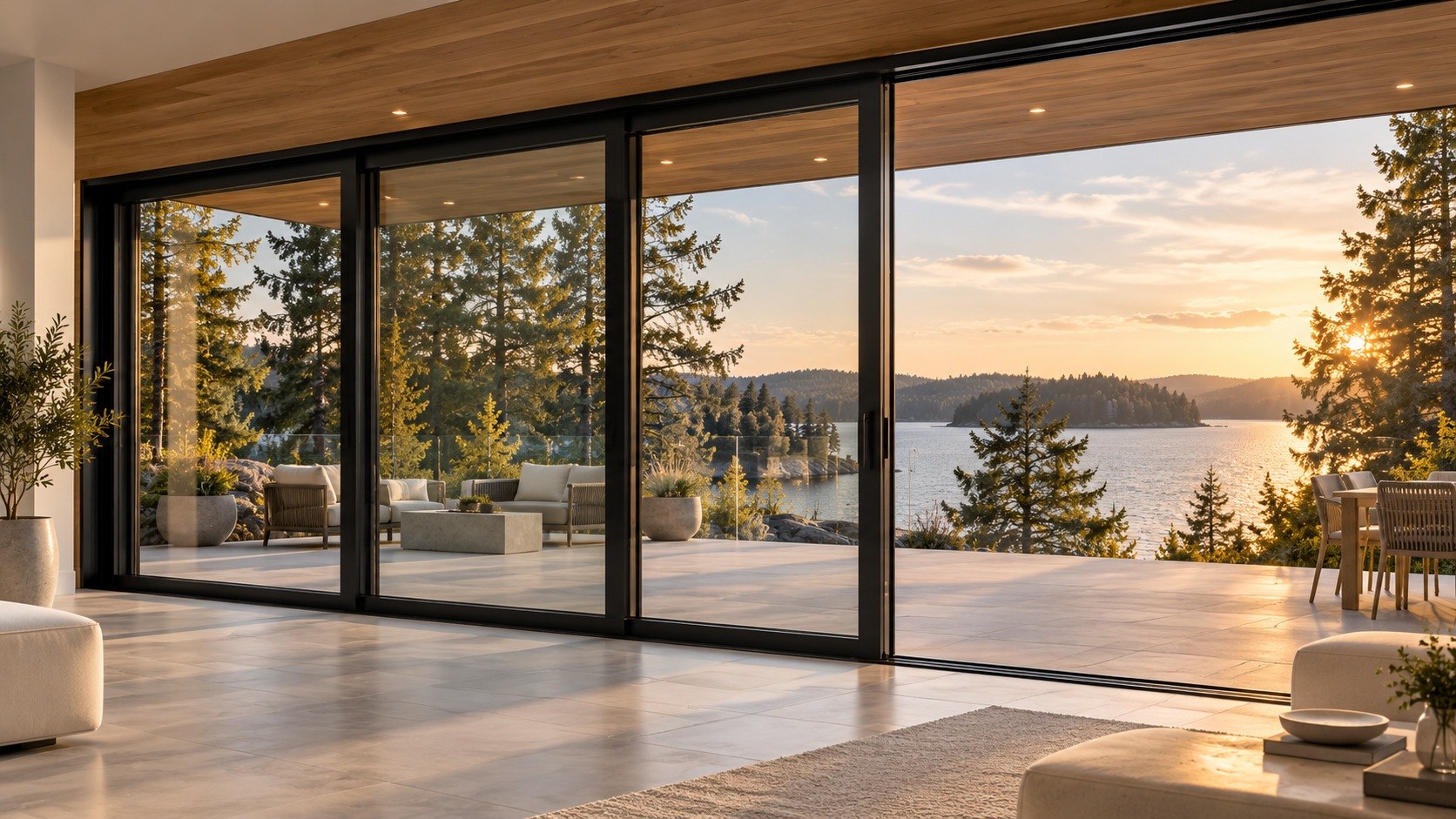 Minimal sliding glass system opening a living space to the exterior